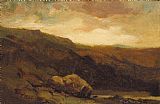 Mountainous Canvas Paintings - mountainous landscape with rock and stream in foreground